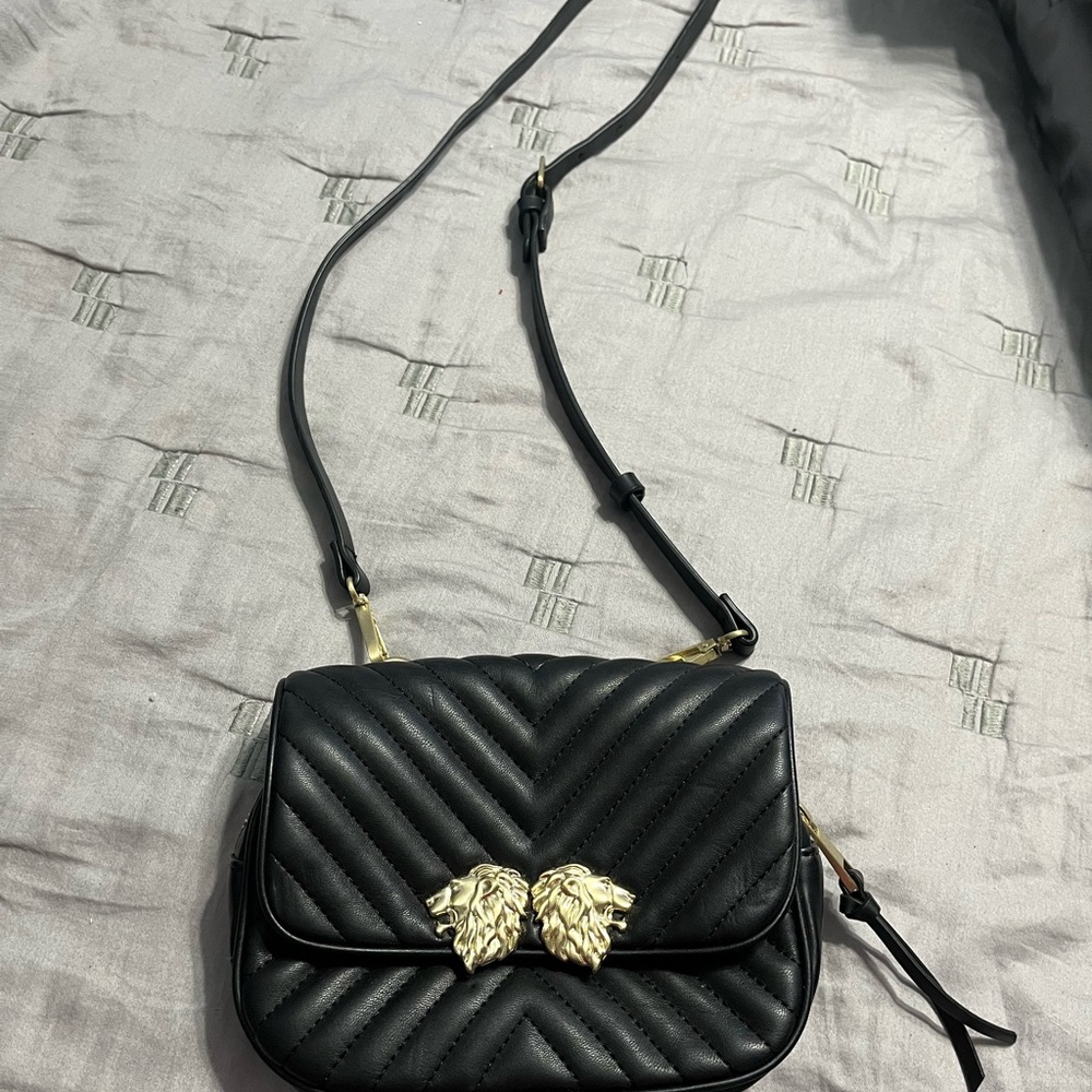 Zara Black Quilted Crossbody Bag with Gold Lion Accents
